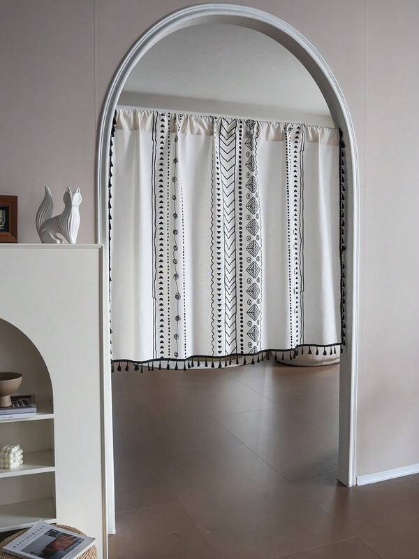 1pc Bohemian Curtain Cream White And Black Bohemian Geometric Pattern With Tassels Linen Semi-Sheer Window Drapery For Bedroom Living Room